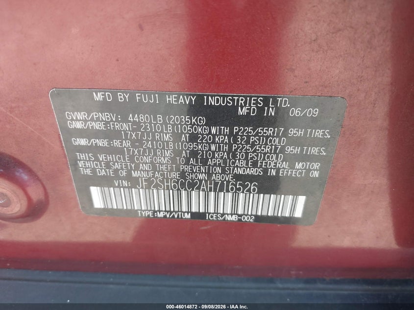 2010 Subaru Forester VIN JF2SH6CC2AH716526 IAAI salvage auction — NORMAL WEAR, Clear (Virginia), sold $0 on 2026-10-05 (photo 9)