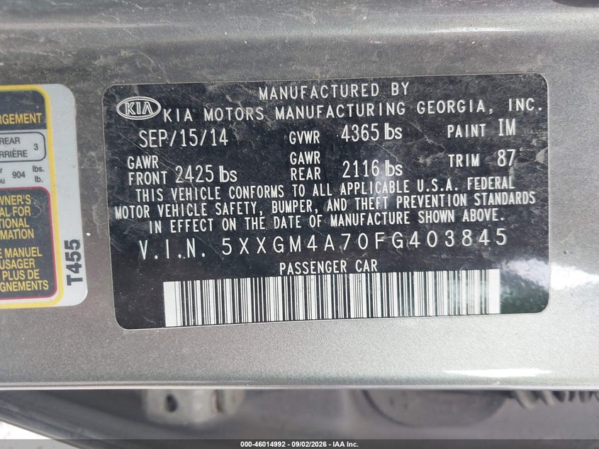 2015 Kia Optima VIN 5XXGM4A70FG403845 IAAI salvage auction — NORMAL WEAR, Original (Vermont), sold $1,300 on 2026-09-11 (photo 9)