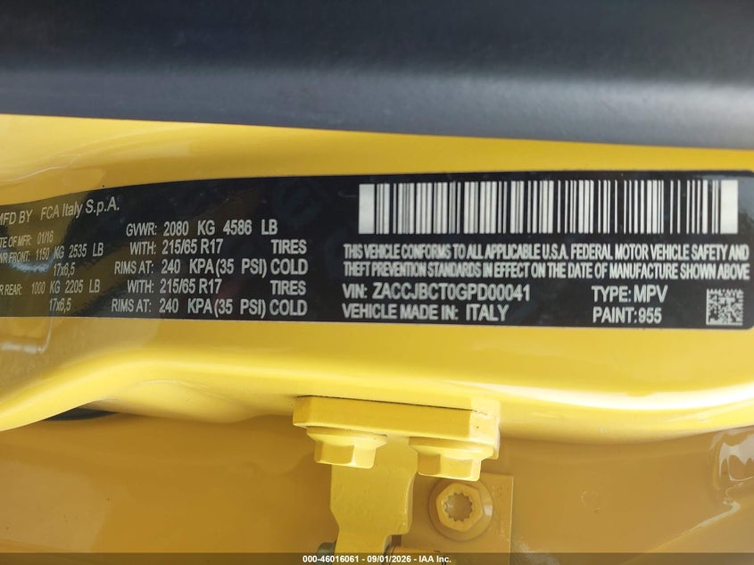 2016 Jeep Renegade VIN ZACCJBCT0GPD00041 IAAI salvage auction — FRONT END, Wait Title, sold $25 on 2026-10-02 (photo 9)