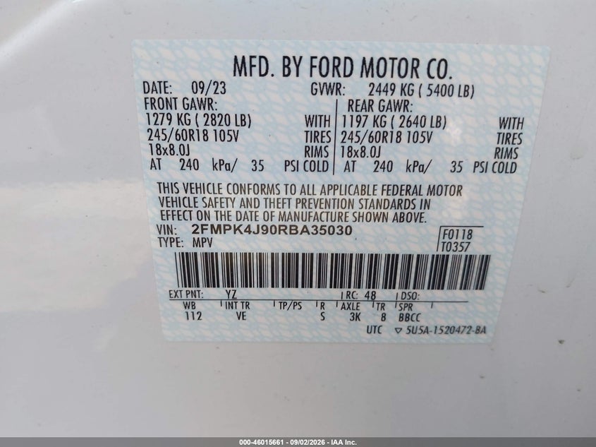2024 Ford Edge VIN 2FMPK4J90RBA35030 IAAI salvage auction — REAR END, Clear (Michigan), sold $11,050 on 2026-09-24 (photo 9)