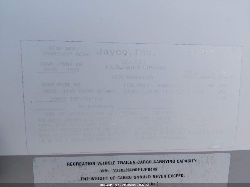 2015 Jayco Jay feather VIN 1UJBJHAH0F1JP0449 IAAI salvage auction — FRONT END, Salvage (New Jersey), sold $25 on 2026-10-22 (photo 9)