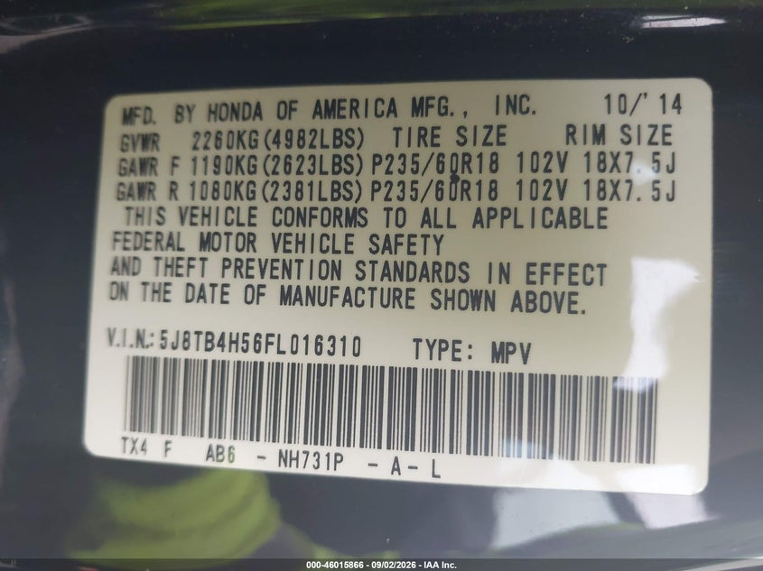 2015 Acura Rdx VIN 5J8TB4H56FL016310 IAAI salvage auction — ALL OVER, Wait Title, sold $650 on 2026-09-25 (photo 9)