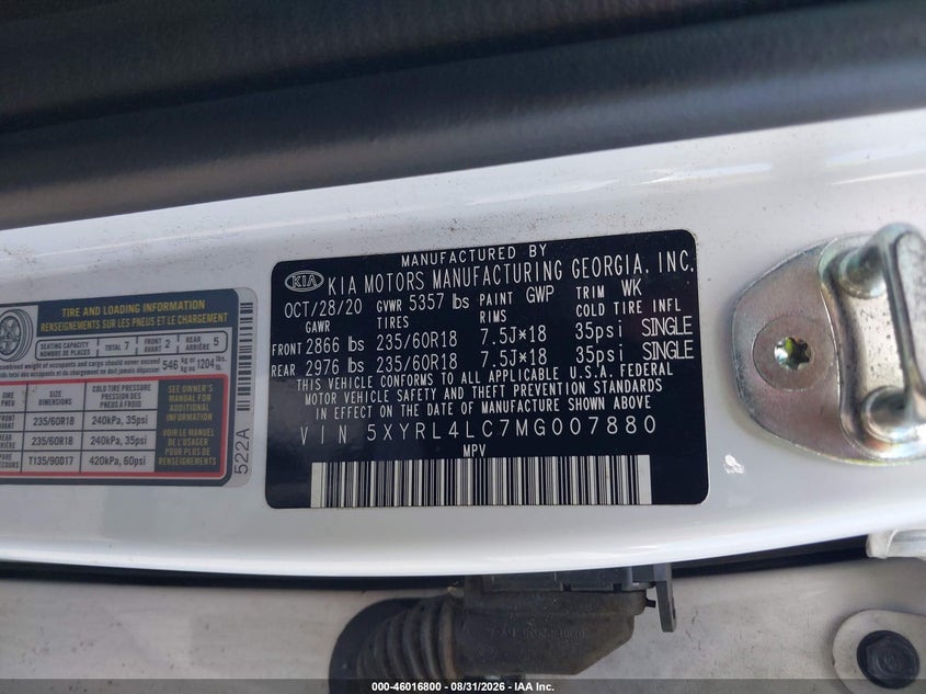 2021 Kia Sorento VIN 5XYRL4LC7MG007880 IAAI salvage auction — FRONT END, Wait Title, sold $5,800 on 2026-10-05 (photo 9)