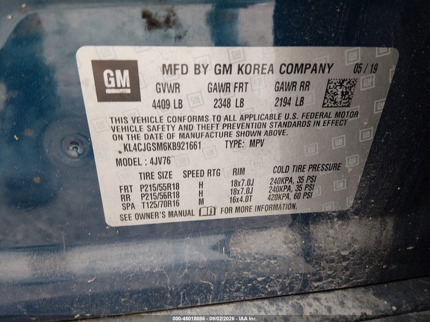 2019 Buick Encore VIN KL4CJGSM6KB921661 IAAI salvage auction — SIDE, Wait Title, sold $4,350 on 2026-10-08 (photo 9)