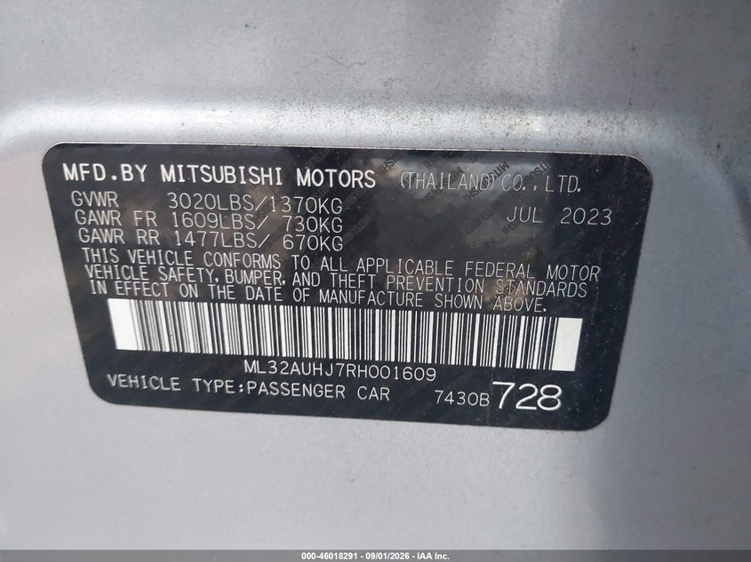 2024 Mitsubishi Mirage VIN ML32AUHJ7RH001609 IAAI salvage auction — REAR END, Enterprise Vehicles Clear Only (Florida), sold $5,500 on 2026-09-04 (photo 9)
