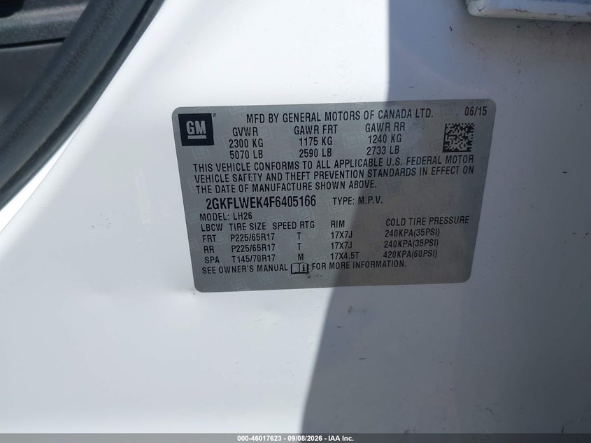 2015 Gmc Terrain VIN 2GKFLWEK4F6405166 IAAI salvage auction — NORMAL WEAR, SF97 (California), sold $9,025 on 2026-10-08 (photo 9)