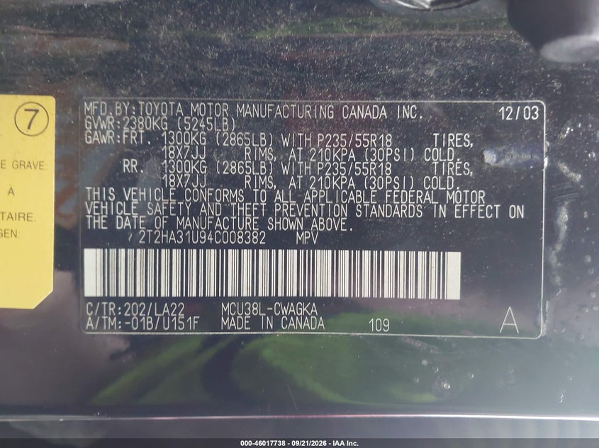 2004 Lexus Rx VIN 2T2HA31U94C008382 IAAI salvage auction — NORMAL WEAR, Clear, sold $0 on 2026-10-04 (photo 9)