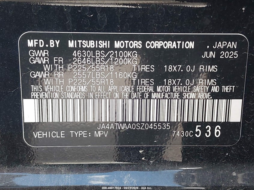 2025 Mitsubishi Eclipse cross VIN JA4ATWAA0SZ045535 IAAI salvage auction — TRANSMISSION, Salvage (Arizona), sold $2,150 on 2026-09-28 (photo 9)