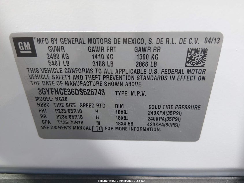 2013 Cadillac Srx VIN 3GYFNCE36DS626743 IAAI salvage auction — NORMAL WEAR, Clear (Louisiana), sold $0 on 2026-09-16 (photo 9)