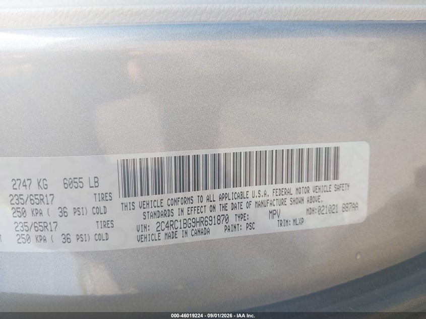 2017 Chrysler Pacifica VIN 2C4RC1BG9HR691870 IAAI salvage auction — REAR END, Wait Title, sold $2,100 on 2026-10-08 (photo 9)