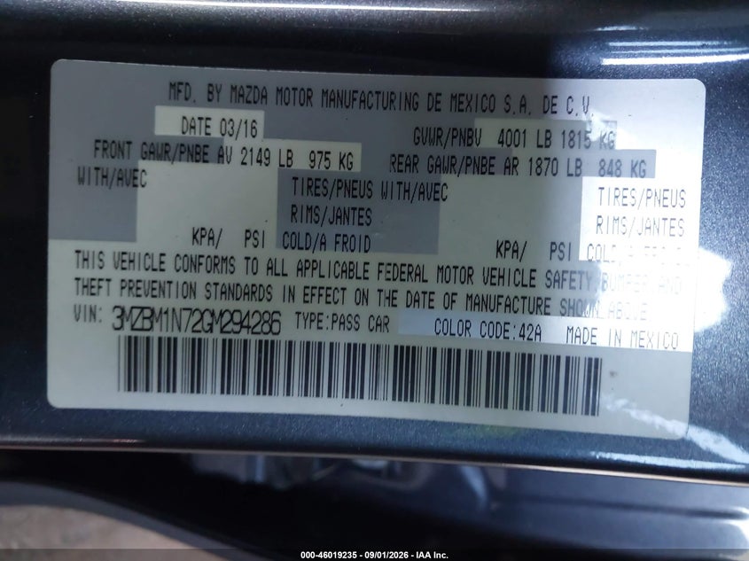 2016 Mazda 3 VIN 3MZBM1N72GM294286 IAAI salvage auction — ALL OVER, Rebuildable (Florida), sold $3,150 on 2026-09-22 (photo 9)
