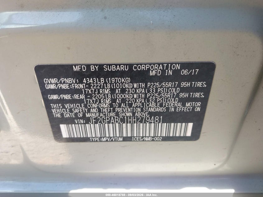 2017 Subaru Xv VIN JF2GPABC1HH279481 IAAI salvage auction — FRONT END, Wait Title, sold $1,550 on 2026-10-03 (photo 9)