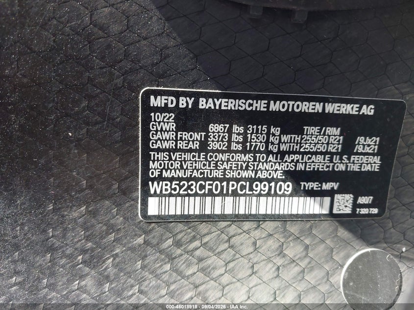 2023 BMW Ix VIN WB523CF01PCL99109 IAAI salvage auction — RIGHT REAR, Wait Title, sold $28,950 on 2026-10-02 (photo 9)