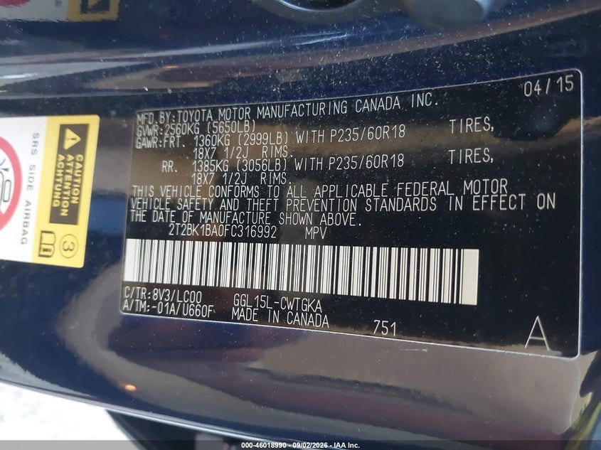 2015 Lexus RX VIN 2T2BK1BA0FC316992 IAAI salvage auction — Rear, Clear, sold $7,800 on 2026-10-14 (photo 9)