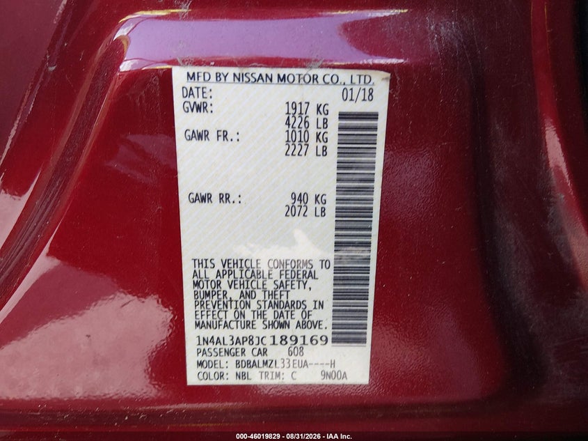 2018 Nissan Altima VIN 1N4AL3AP8JC189169 IAAI salvage auction — FRONT END, Repossession Paperwork (South Carolina), sold $25 on 2026-09-14 (photo 9)