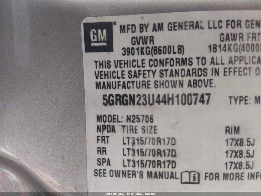 2004 Hummer H2 VIN 5GRGN23U44H100747 IAAI salvage auction — NORMAL WEAR, Clear (Nevada), sold $3,800 on 2026-09-18 (photo 9)
