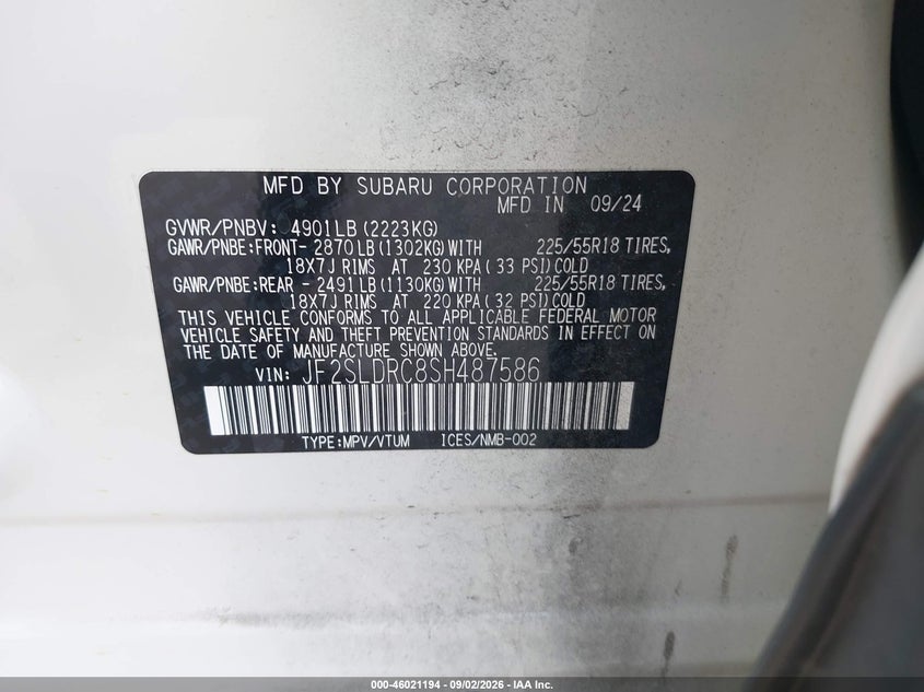 2025 Subaru Forester VIN JF2SLDRC8SH487586 IAAI salvage auction — RIGHT FRONT, Wait Title, sold $11,600 on 2026-10-21 (photo 9)