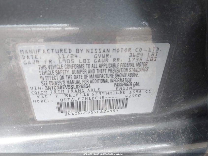 2025 Nissan Versa VIN 3N1CN8EV5SL826854 IAAI salvage auction — LEFT FRONT, Enterprise Vehicles Clear Only (Idaho), sold $11,650 on 2026-09-17 (photo 9)