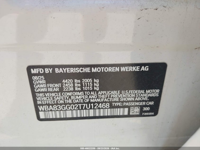 2026 BMW 2er VIN WBA83GG02T7U12468 IAAI salvage auction — NORMAL WEAR, Salvage Title, sold $8,100 on 2026-10-05 (photo 9)