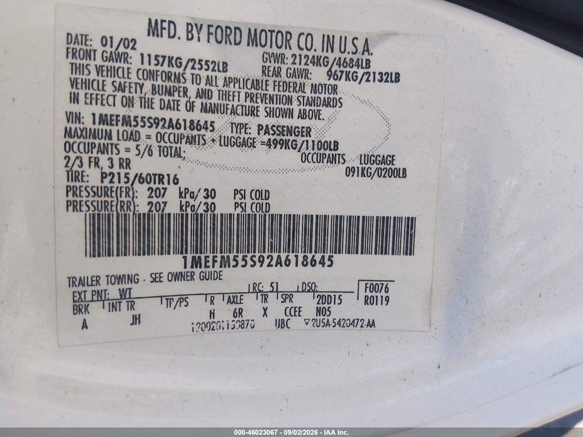 2002 Mercury Sable VIN 1MEFM55S92A618645 IAAI salvage auction — NORMAL WEAR, Clear (Colorado), sold $500 on 2026-09-08 (photo 9)