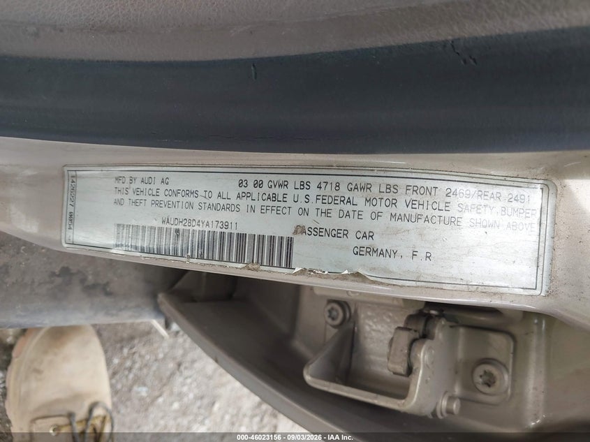 2000 Audi A4 VIN WAUDH28D4YA173911 IAAI salvage auction — NORMAL WEAR, Clear (Washington), sold $0 on 2026-10-11 (photo 9)
