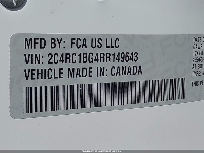 2024 Chrysler Pacifica VIN 2C4RC1BG4RR149643 IAAI salvage auction — RIGHT SIDE, Enterprise Vehicles Clear Only (New Jersey), sold $13,500 on 2026-09-11 (photo 9)