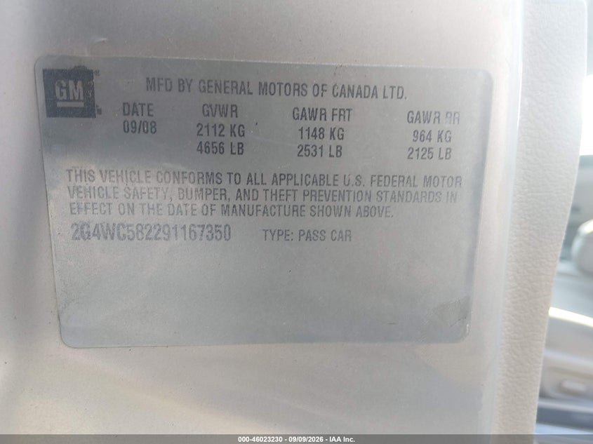 2009 Buick Lacrosse VIN 2G4WC582291167350 IAAI salvage auction — SIDE, Salvage (Arkansas), sold $575 on 2026-10-01 (photo 9)