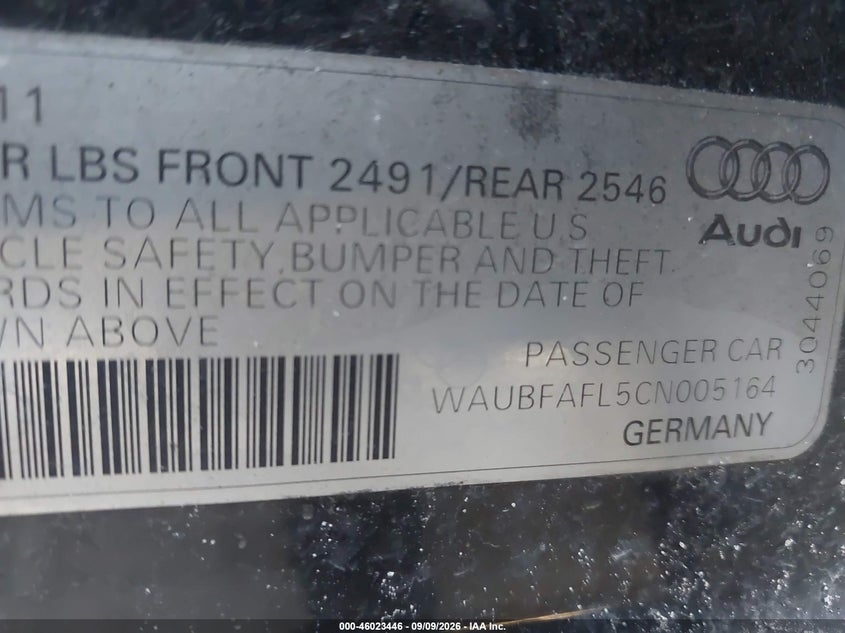2012 Audi A4 VIN WAUBFAFL5CN005164 IAAI salvage auction — NORMAL WEAR, Clear-Dealer Only (North Carolina), sold $300 on 2026-10-05 (photo 9)