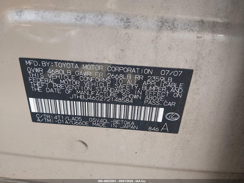 2007 Lexus ES VIN JTHBJ46G272148584 IAAI salvage auction — NORMAL WEAR, Clear (Virginia), sold $0 on 2026-09-27 (photo 9)