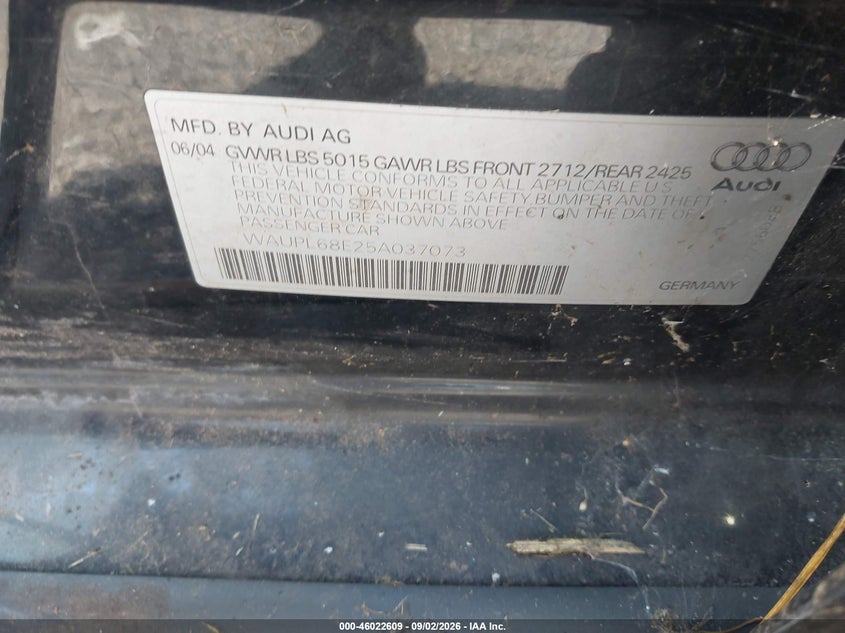2005 Audi S4 VIN WAUPL68E25A037073 IAAI salvage auction — MECHANICAL, Clear (Virginia), sold $25 on 2026-10-02 (photo 9)
