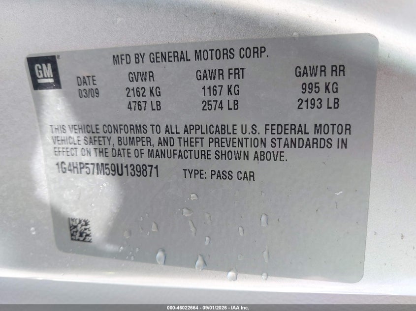 2009 Buick Lucerne VIN 1G4HP57M59U139871 IAAI salvage auction — RIGHT SIDE, Clear - Dealer Only (California), sold $225 on 2026-09-09 (photo 9)