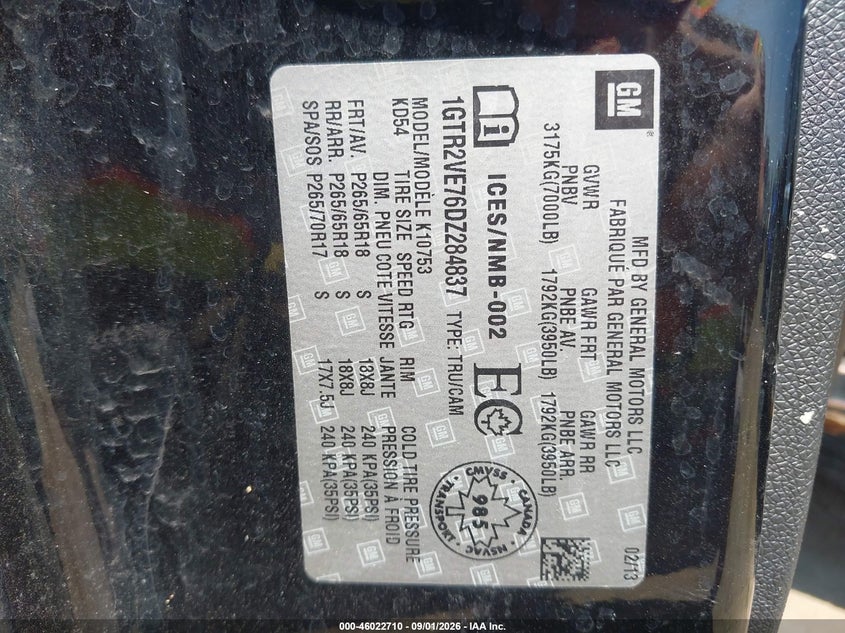 2013 Gmc SIERRA VIN 1GTR2VE76DZ284837 IAAI salvage auction — ALL OVER, Salvage Title, sold $450 on 2026-10-07 (photo 9)