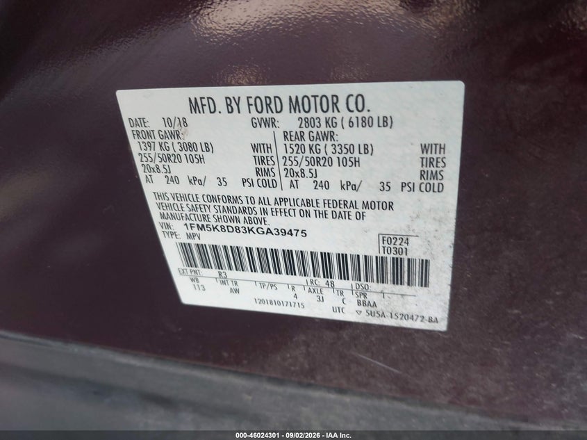 2019 Ford Explorer VIN 1FM5K8D83KGA39475 IAAI salvage auction — FRONT END, Wait Title, sold $1,700 on 2026-09-30 (photo 9)