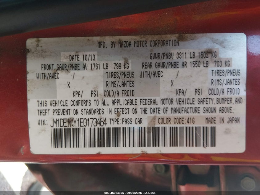 2014 Mazda 2 VIN JM1DE1KY1E0173464 IAAI salvage auction — NORMAL WEAR, Clear (Arizona), sold $400 on 2026-10-02 (photo 9)