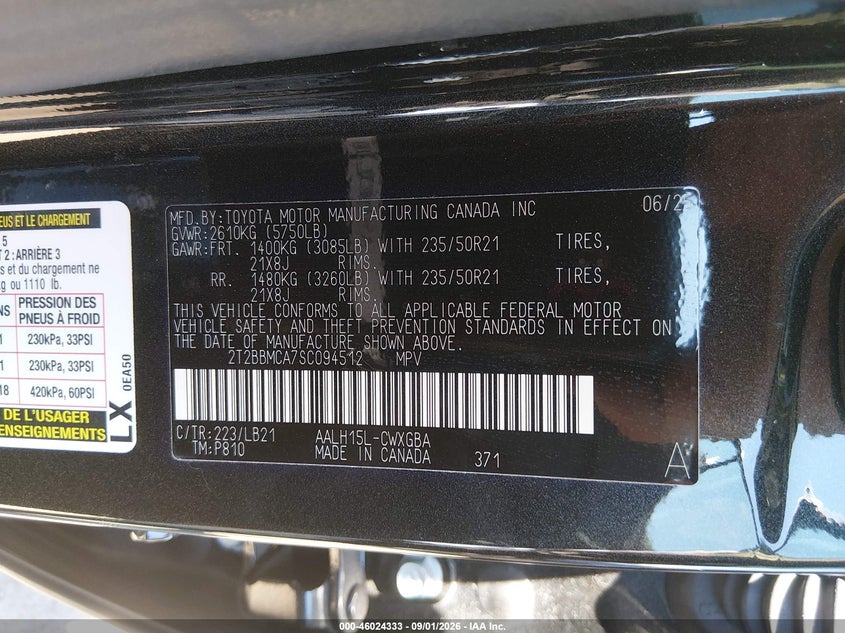 2025 Lexus Rx VIN 2T2BBMCA7SC094512 IAAI salvage auction — FRONT END, Salvage Title, sold $27,500 on 2026-10-03 (photo 9)