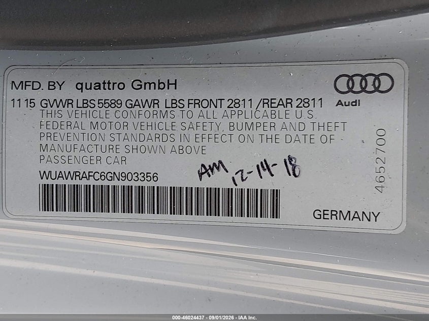 2016 Audi Rs7 VIN WUAWRAFC6GN903356 IAAI salvage auction — FRONT END, Bill Of Sale (Washington), sold $17,300 on 2026-09-09 (photo 9)