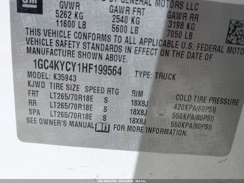 2017 Chevrolet Silverado VIN 1GC4KYCY1HF199564 IAAI salvage auction — NORMAL WEAR, SF97 (California), sold $24,000 on 2026-09-10 (photo 9)