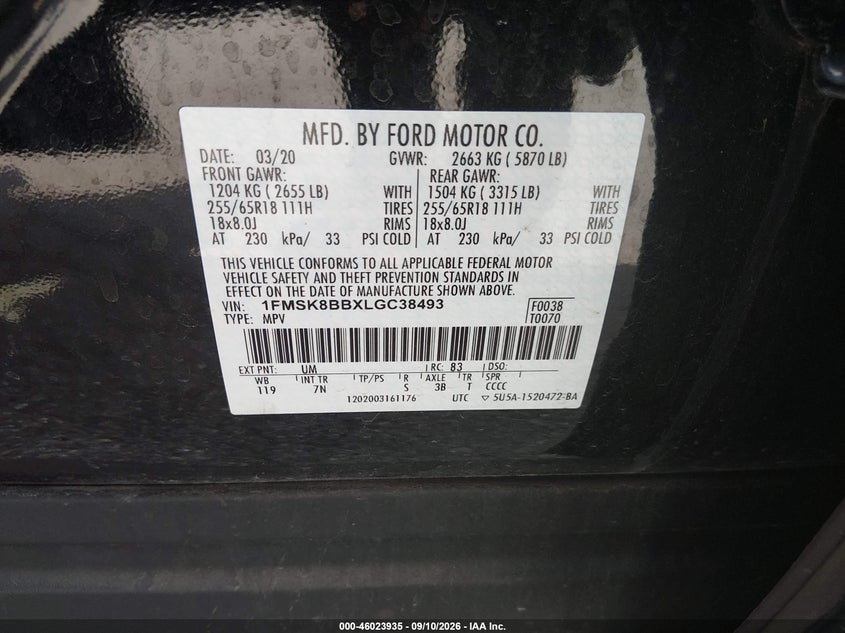 2020 Ford Explorer VIN 1FMSK8BBXLGC38493 IAAI salvage auction — NORMAL WEAR, SF97 (Maryland), sold $10,000 on 2026-10-05 (photo 9)