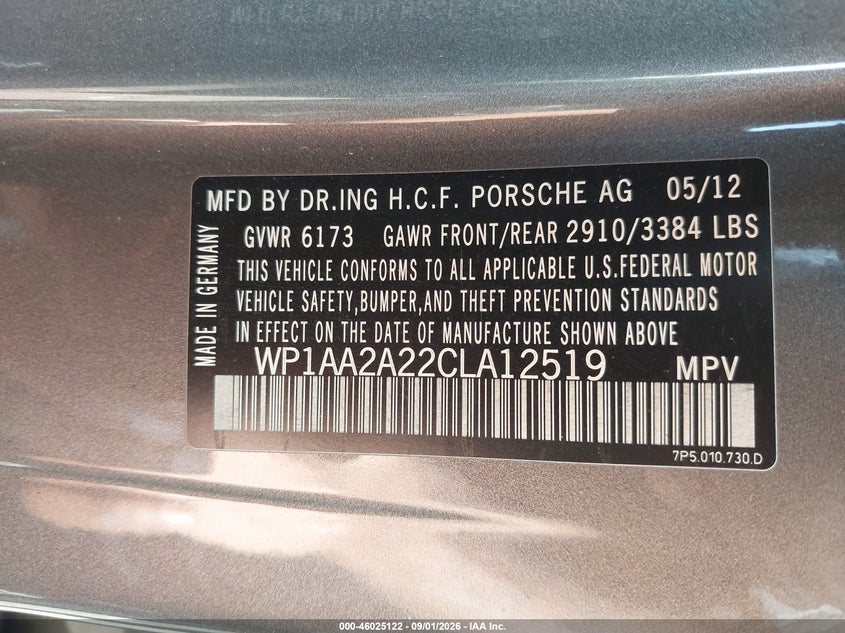 2012 Porsche Cayenne VIN WP1AA2A22CLA12519 IAAI salvage auction — NORMAL WEAR, Wait Title, sold $1,650 on 2026-09-27 (photo 9)