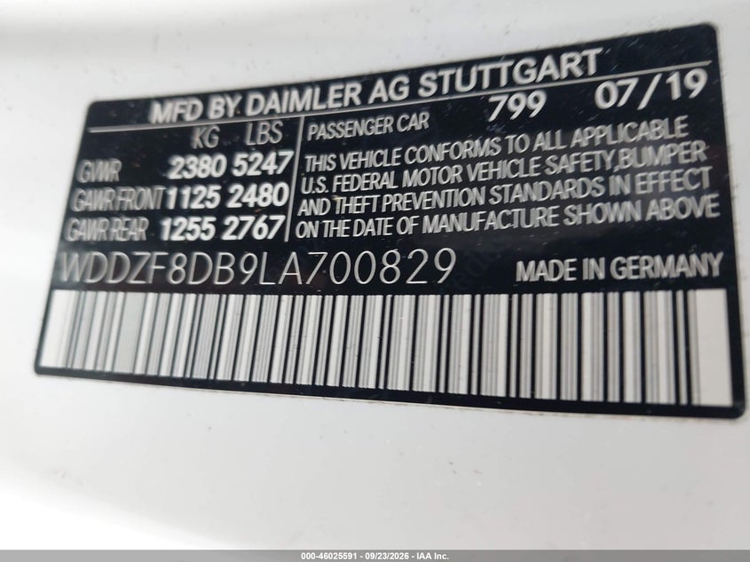 2020 Mercedes-benz E-class VIN WDDZF8DB9LA700829 IAAI salvage auction — FRONT END, Rebuildable (Florida), sold $15,550 on 2026-10-06 (photo 9)