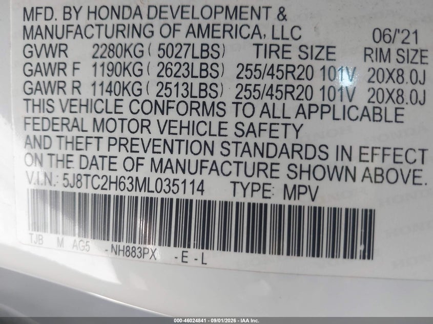 2021 Acura Rdx VIN 5J8TC2H63ML035114 IAAI salvage auction — FRONT & REAR, Salvage Title, sold $9,550 on 2026-09-14 (photo 9)