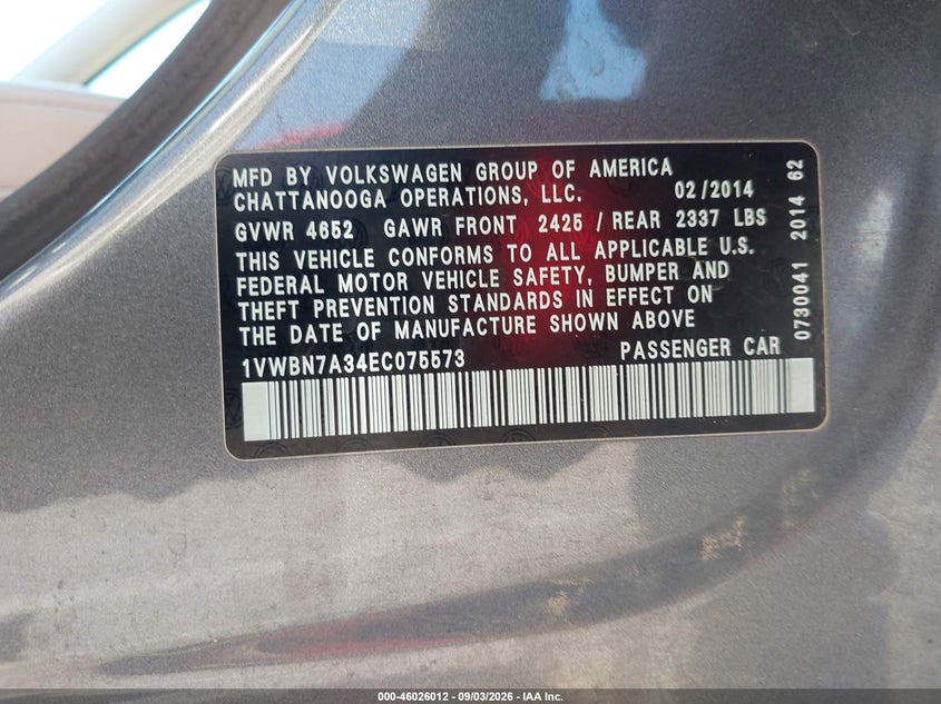 2014 Volkswagen Passat VIN 1VWBN7A34EC075573 IAAI salvage auction — LEFT FRONT, Salvage (Arizona), sold $1,050 on 2026-09-06 (photo 9)