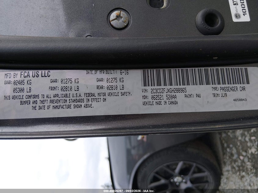 2016 Dodge Challenger VIN 2C3CDZFJXGH288965 IAAI salvage auction — FRONT END, Wait Title, sold $7,400 on 2026-10-14 (photo 9)