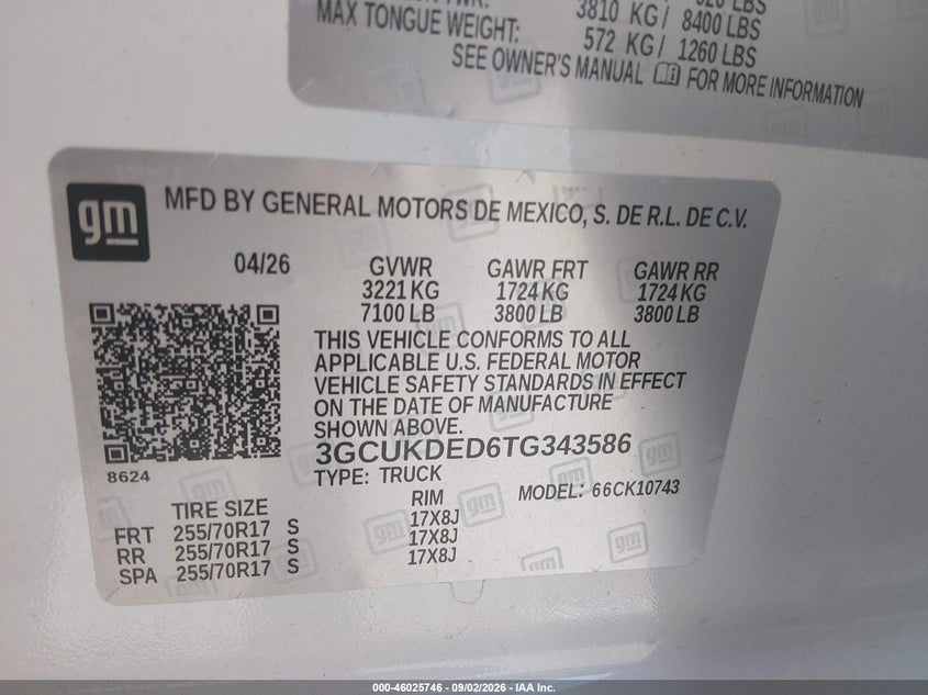 2026 Chevrolet Silverado VIN 3GCUKDED6TG343586 IAAI salvage auction — RIGHT REAR, Salvage Title, sold $28,100 on 2026-09-15 (photo 9)