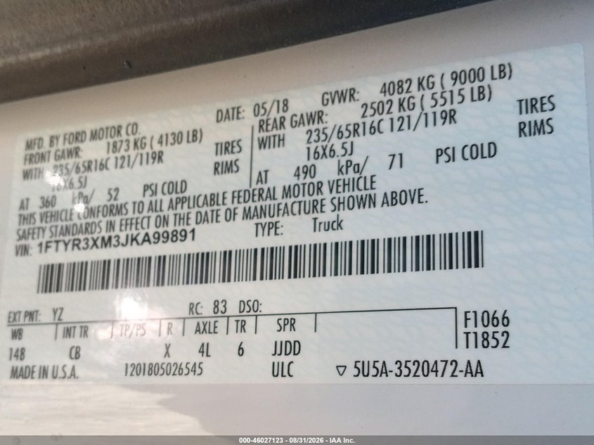 2018 Ford Transit-250 VIN 1FTYR3XM3JKA99891 IAAI salvage auction — NORMAL WEAR, Sf97 (Alaska), sold $18,550 on 2026-09-08 (photo 9)