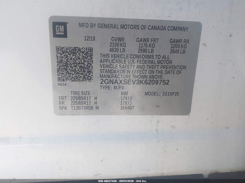 2019 Chevrolet Equinox VIN 2GNAXSEV3K6209752 IAAI salvage auction — Repossession, Clear, sold $2,775 on 2026-09-14 (photo 9)