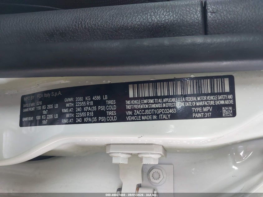 2016 Jeep Renegade VIN ZACCJBDT1GPD32463 IAAI salvage auction — FRONT END, Salvage Title, sold $0 on 2026-10-21 (photo 9)