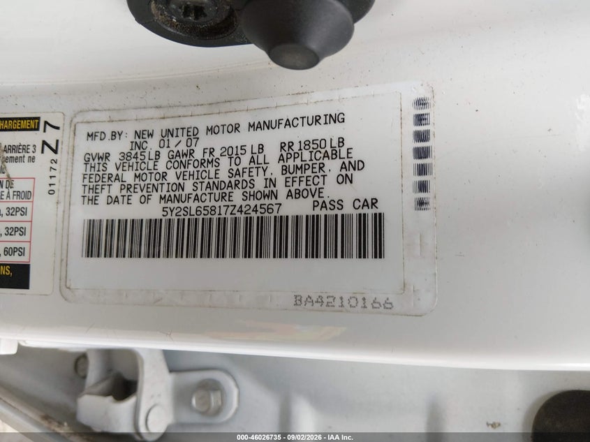 2007 Pontiac Vibe VIN 5Y2SL65817Z424567 IAAI salvage auction — RIGHT REAR, Clear (Washington), sold $325 on 2026-09-30 (photo 9)