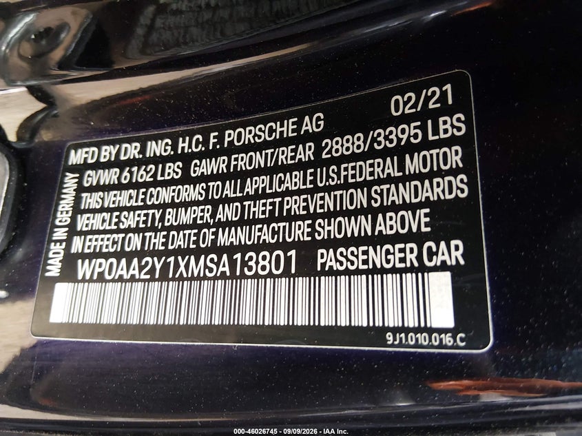 2021 Porsche Taycan VIN WP0AA2Y1XMSA13801 IAAI salvage auction — FRONT END, Wait Title, sold $25,400 on 2026-10-01 (photo 9)