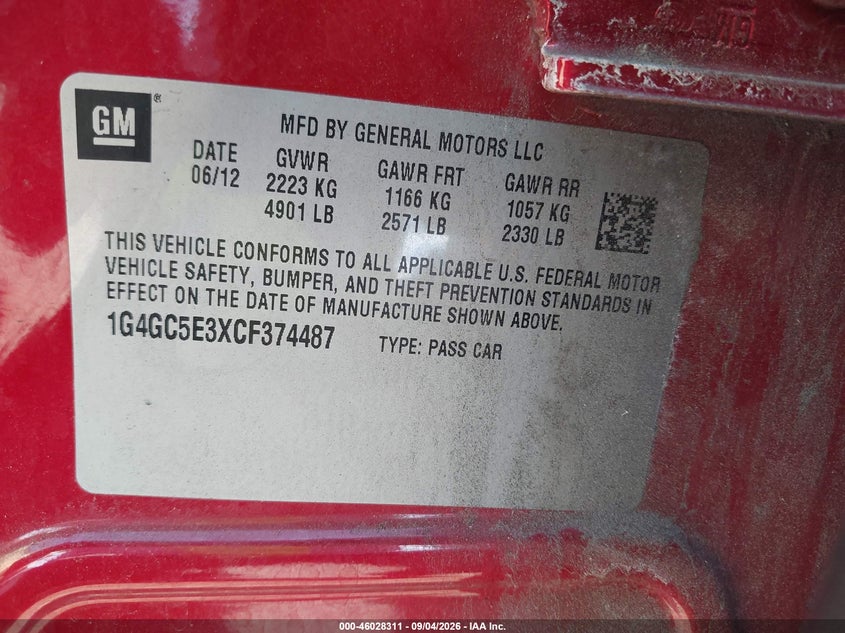 2012 Buick Lacrosse VIN 1G4GC5E3XCF374487 IAAI salvage auction — NORMAL WEAR, Clear (Alabama), sold $1,050 on 2026-09-16 (photo 9)